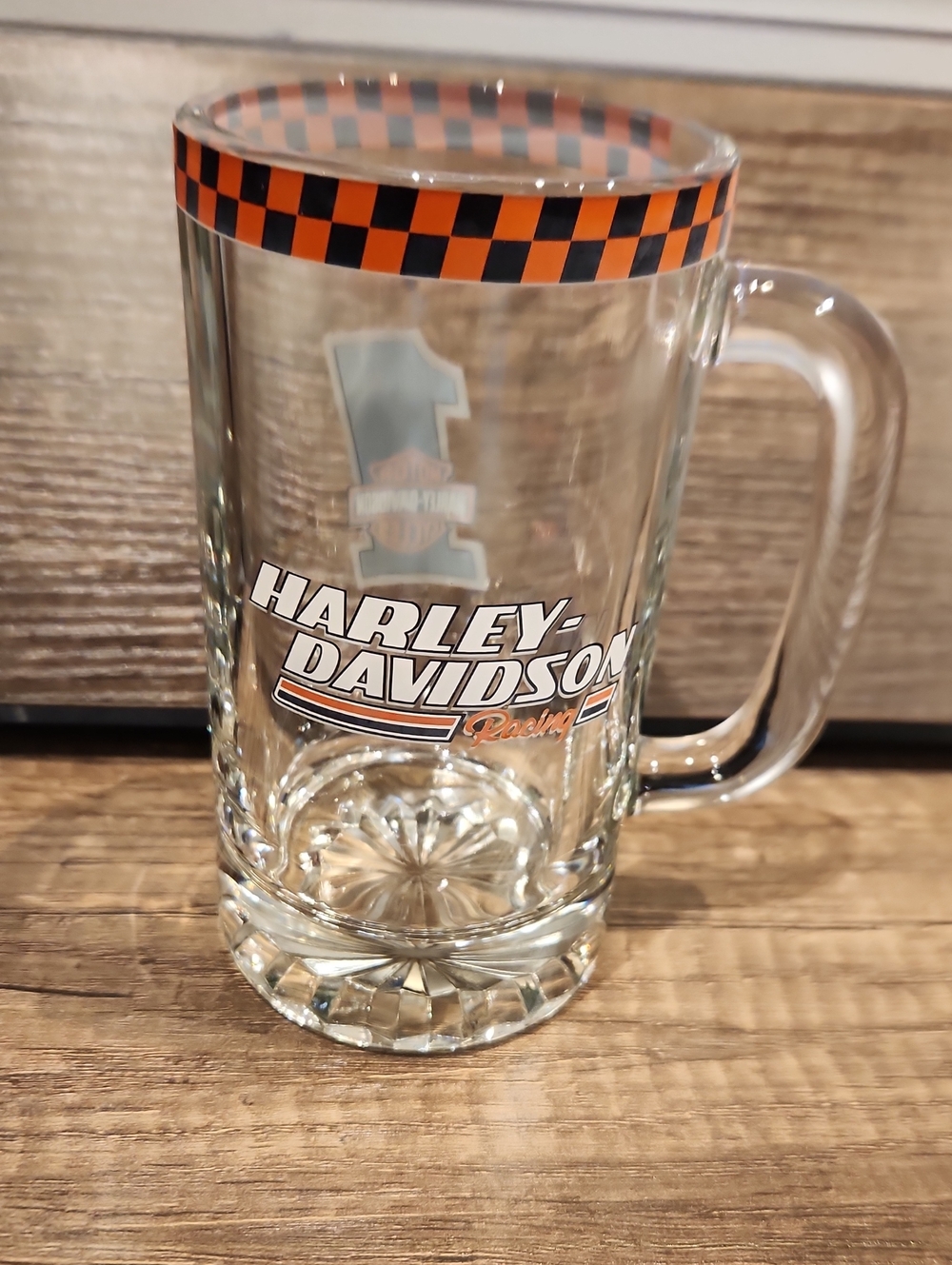 EUC Harley-Davidson Checker Rim Glass Beer Stein — Orange & Black